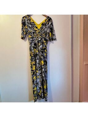 Madison Leigh Yellow Floral Midi Maxi Dress Twist Front V-Neck Stretch Tropical